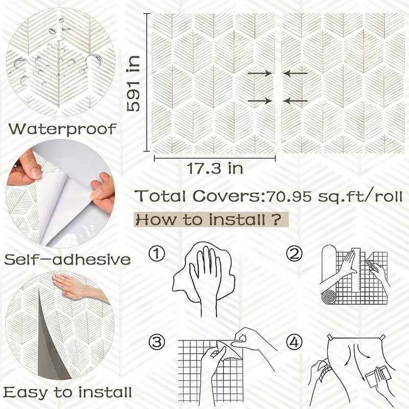 OSECAGE Modern Peel and Stick Wallpaper 17.3''×591'' Self Adhesive Wallpaper Boho Contact Paper Beige and White Geometric Wall Paper Removable Decorative Wallpapers for Bedroom Bathroom Cabinets Decor Vinyl - Image 3